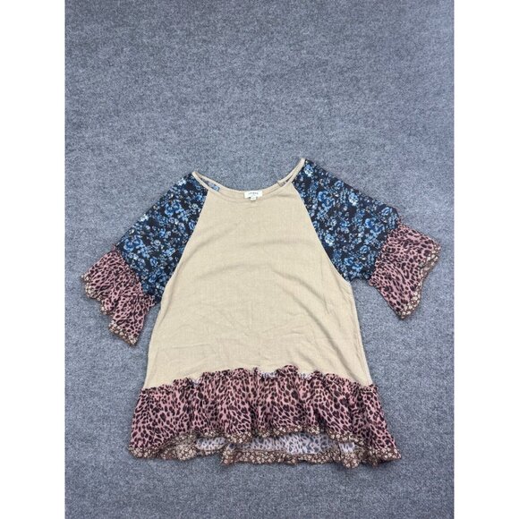 Umgee Linen Top Women's M Multi Floral Animal Print Patchwork Ruffle Bell Sleeve - Picture 1 of 6
